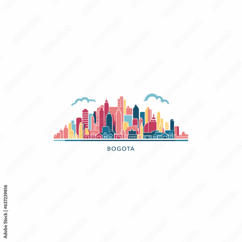  Colombia Bogota cityscape skyline city panorama vector flat modern logo icon. South America town emblem idea with landmarks and building silhouettes, isolated clipart