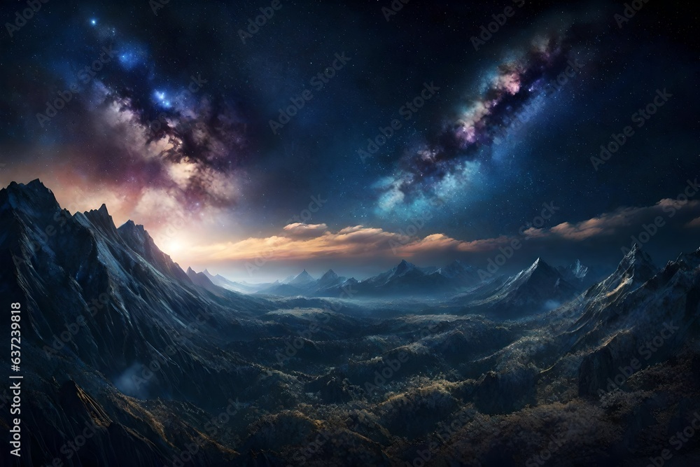 Fantasy landscape night sky view with night space view. Generative AI