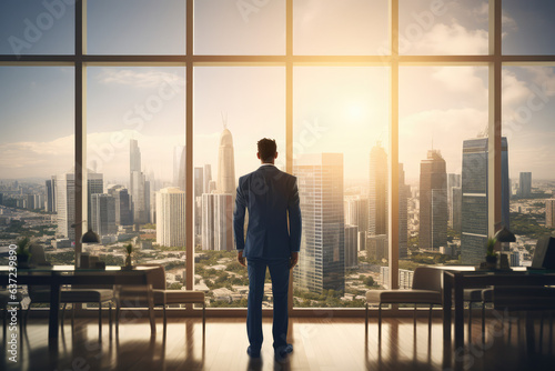 Rear view businessman in modern office with large window looking at cityscape with sunlight in cityscape. Picturesque