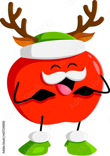 Cartoon cheerful Christmas holiday red apple fruit character wearing reindeer horns. Isolated vector garden fruit personage radiating joy and celebration, creates a merry and healthy holiday ambiance