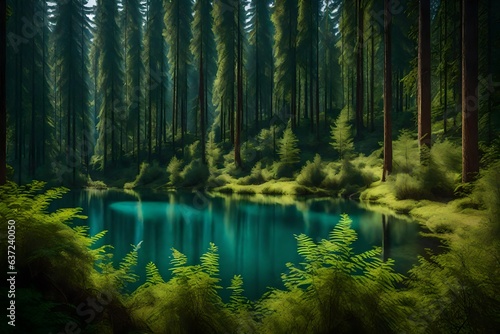 Beautiful forest landscape with lake and reflection of trees. Generative AI