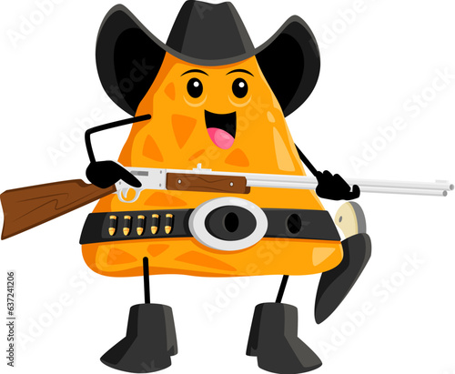 Cartoon nachos cowboy character. Isolated vector bold and adventurous tex mex snack bandit. Gun-wielding robber or ranger mexican food personage holding a rifle adding a touch of flavor and excitement