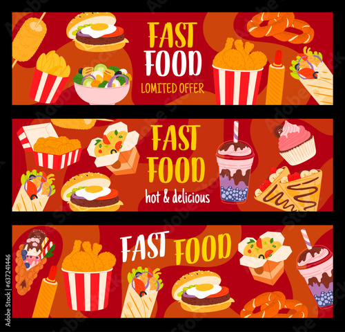 Fast food and desserts horizontal vector banners. Fried potato, salad, burger and chicken legs. Bagel, hot dog, and shawarma. Hong King bubble waffle, crepe, noodle wok, ice cream and milk shake meals