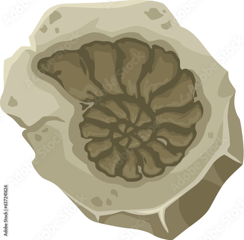 Marine fossil, ancient stone nautilus seashell imprint, vector underwater paleontology. Cartoon prehistoric sea animal shell silhouette. Jurassic ammonite mollusk imprint with spiral shell in rock