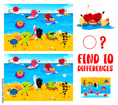 Find ten differences between cartoon funny berry characters on summer beach vacation. Object comparing vector worksheet with cowberry, raspberry, strawberry and cherry, grape, blueberry cute personage