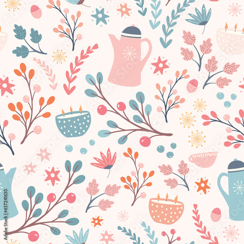 Hygge Autumn and winter pattern design. Cute and cosy vector seamless repeat resource.