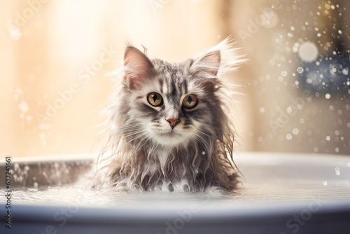 cat in bathroom. Bathing process, frightened wet cat, hygiene procedures. Pet care