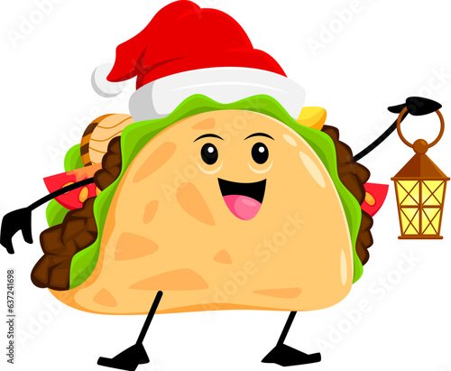 Cartoon Christmas tex mex mexican tacos character dons a festive Santa hat, clutching a lantern, radiating a warm glow, embodying holiday cheer and whimsy. Isolated vector father Noel food personage