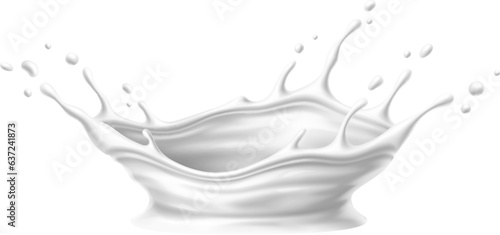 Liquid white yogurt or milk cream flow corona splash with drops. Isolated realistic 3d vector dairy product crown drip with scattered droplets suspended in a motion and fluidity mid-air