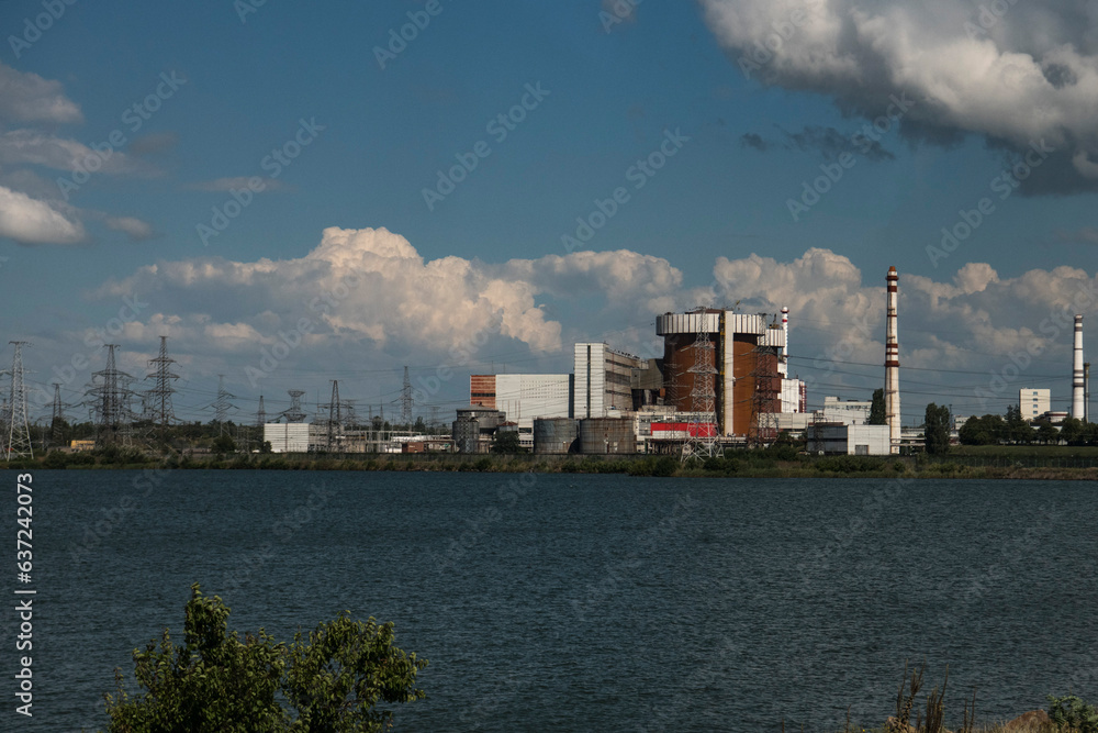 Buildings of the South Ukraine Pivdennoukrainsk Nuclear Power Plant near the city of Yuzhnoukrainsk in Ukraine