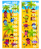 Kids height chart. Cartoon vitamin pirates and corsairs on tropical island. Children growth vector meter or ruler with N, B2, A and D, P, C vitamin corsairs cheerful personages on treasure island