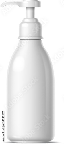 Realistic cosmetics product bottle with pump dispenser offers convenient and mess-free application. Liquid soap, sanitizer, hand cream isolated 3d vector white package mockup, plastic flask object
