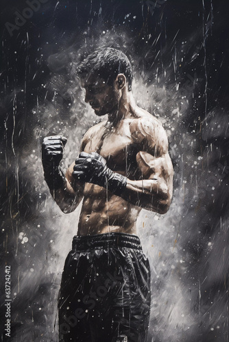 A young boxer boxing in the rain, in the style of monochrome canvases