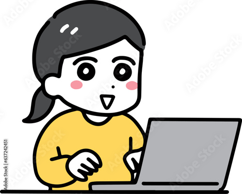 パソコンを使っている私服の若い女性(上半身)