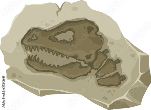 Dinosaur fossil, ancient stone tyrannosaurus skeleton imprint, vector Jurassic dino animal bone, paleontology science. Prehistoric reptile skull silhouette trace in rock, cartoon t-rex dinosaur fossil