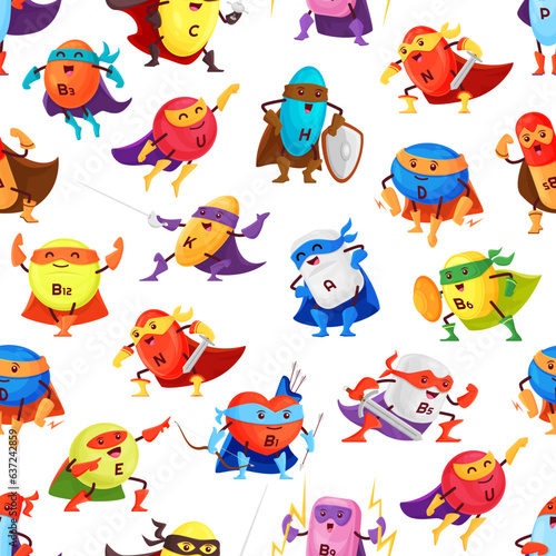 Cartoon vitamin superhero characters seamless pattern. Vector tile background with super hero food supplement capsule personages. Defenders and knights with swords, shields, lightnings, bow and arrows