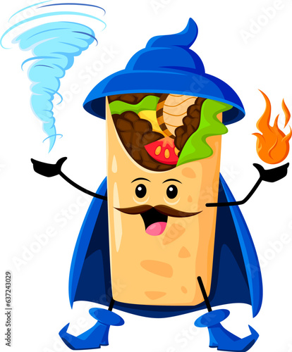 Cartoon Halloween burrito tex mex food wizard and mage character. Isolated vector tasty Mexican roll wear cape and hat wields magical powers. Food wiz personage with a fire and thunderstorm in hands