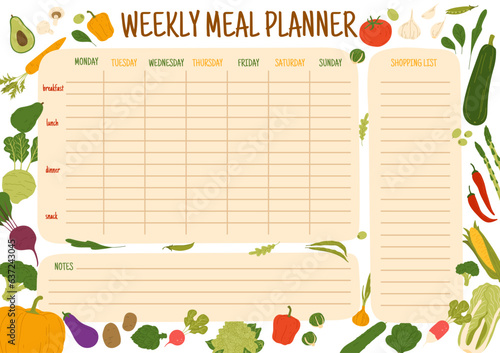 Weekly meal schedule with harvest raw vegetables. Vector week planner, food plan with raw farm vegetables. Calendar menu with shopping list. Dieting diary timetable template with fresh veggies
