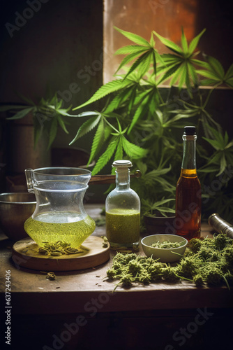 Hemp juice and hemp leaves in the lab, in the style of firmin baes photo