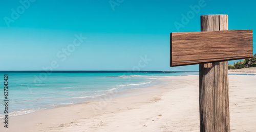 Seaside Charm: Artistic Wood Sign on the Beach. Generative AI.