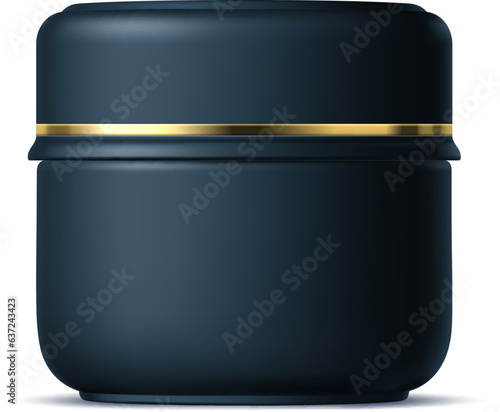 Realistic black cosmetics bottle, tube and plastic container. Elegant cylindrical cream jar isolated 3d vector mockup, perfect for storing, preserving skincare products, applying daily beauty routine
