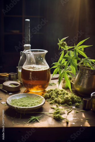 Hemp juice and hemp leaves in the lab, in the style of firmin baes photo