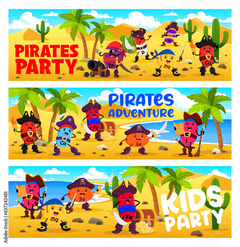 Kids pirate party. Cartoon vitamins and micronutrient corsair characters on treasure island. Vector horizontal banners with P, I, K and Cu, Fe, Cl or Mg with Se and Zn filibuster capsule personages