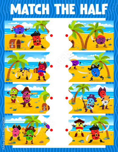 Match the half of cartoon vitamin pirates and corsairs. Piece connect game, half matching puzzle vector worksheet with B1, A, N, C and B9, K vitamin or micronutrient pirate funny characters on island