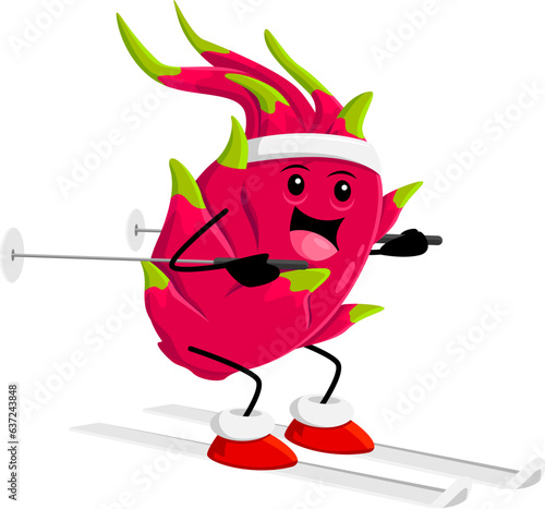 Cartoon Christmas ripe raw dragon fruit character skiing. Isolated vector tropical juicy fruit personage Slide down the slope with a big smile, showcasing a fun winter activity during Xmas vacations