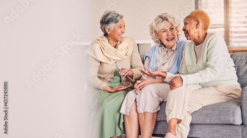 Couch, friends and senior women in conversation in a living room together talking, laughing and bonding on retirement. Happy, funny and elderly people talking in discussion with happiness on a sofa photo