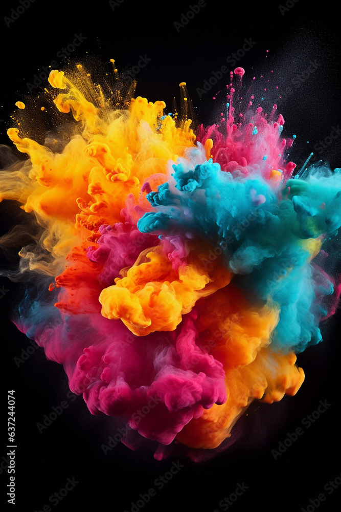 Isolated black background of colorful powder blowing out of a white frame
