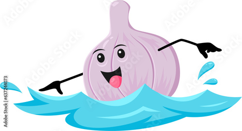 Cartoon cheerful garlic vegetable character swimming in sea on summer beach vacation. Isolated vector humorous veg personage having outdoor entertainment and rest at basking in ocean breeze and swim