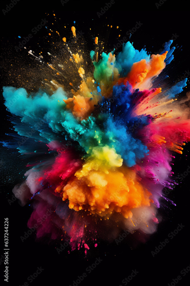 Colorful rainbow holi paint splash, color powder explosion, black background.