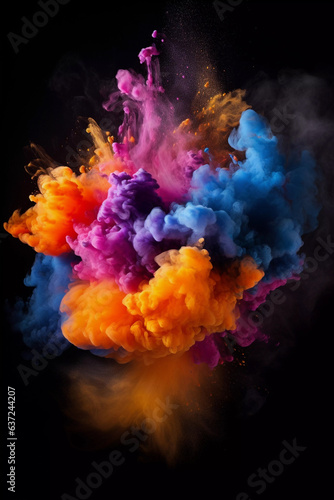 Colorful rainbow holi paint splash, color powder explosion, black background. © katobonsai