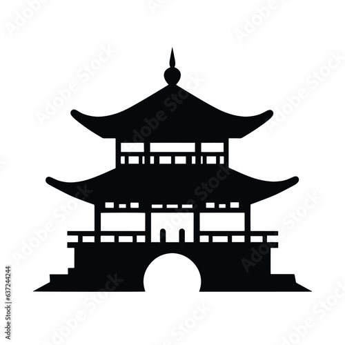 Chinese temples, gates and traditional buildings in black and white, vector illustration