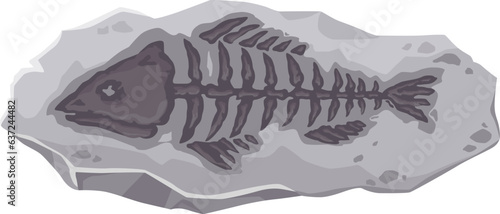 Dinosaur fossil, ancient fish skeleton stone imprint. Prehistoric sea animal vector silhouette in gray rock. Cartoon underwater fossil of paleontology museum, fish skeleton with head, bones and tail