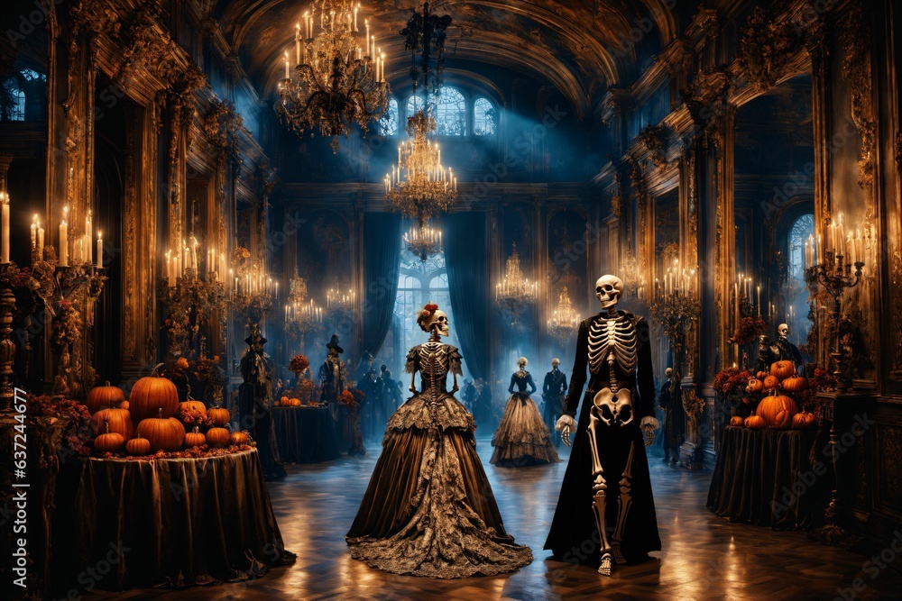 Halloween. Eine Ballnacht der Toten. Kronleuchter und lichtdruchflutete filmreife Kulisse einer gruselig schaurigen Halloweenballnacht. Halloween. Eine Ballnacht der Toten. Kronleuchter und lichtdruchflutete filmreife Kulisse einer gruselig schaurigen Halloweenballnacht.