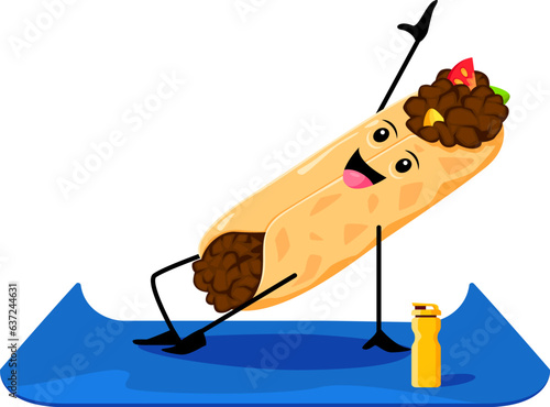 Cartoon enchilada tex mex enchilada mexican food character on yoga fitness. Isolated vector tasty and hilarious Mexico cuisine meal practices asana, showcasing flexibility, balance and mindfulness