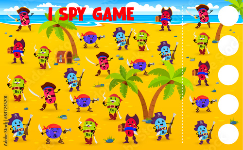 I spy game worksheet with cartoon vitamin pirates and corsairs. Counting quiz or puzzle vector worksheet with P, B1, D and B5 vitamin and micronutrient pirate cheerful character on treasure island