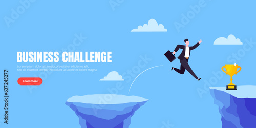 Businessman jumps over the abyss across the cliff flat style design vector illustration. Business concept of fearless businessman with huge courage. Risk  goal achievement  work obstacles and success.