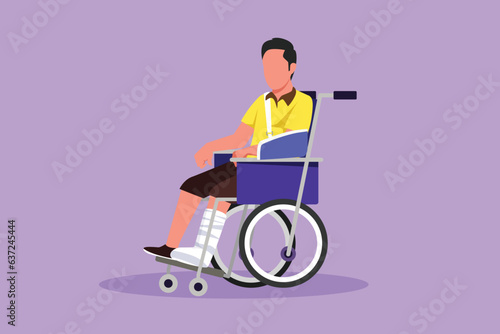 Character flat drawing sick man with injuries, gypsum sits in wheelchair. Injured male sitting in wheelchair with broken leg. Sad guy with fractured leg in hospital. Cartoon design vector illustration