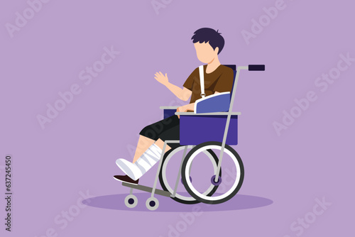 Character flat drawing injured and upset boy in gypsum or cast, sitting in wheelchair suffering from pain and trauma. Leg accident. Wounded little boy in hospital. Cartoon design vector illustration