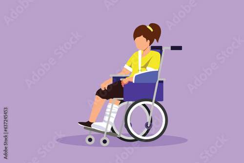 Character flat drawing of little sad girl with leg in plaster. Injured upset kid sitting in wheelchair with broken leg. Child with fractured leg suffering from pain. Cartoon design vector illustration