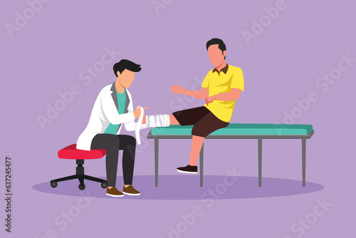 Character flat drawing of doctor bandage broken leg to male patient sitting on couch. Upset man with plaster on ankle in hospital room. Trauma, healthcare, therapy. Cartoon design vector illustration