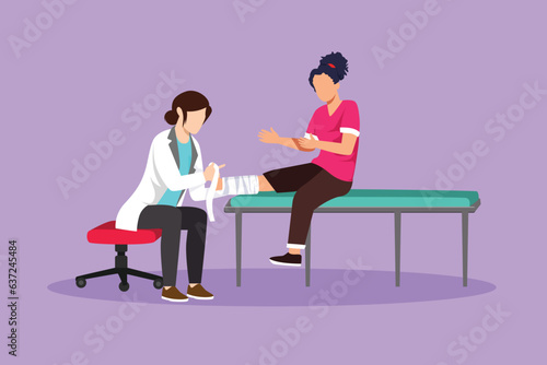 Graphic flat design drawing medical doctor bandage broken leg to female patient sitting on couch at clinic or traumatology department. Limb fracture, hospital visit. Cartoon style vector illustration