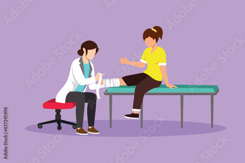 Graphic flat design drawing medical doctor bandage broken leg to little girl patient sitting on couch at clinic or traumatology department. Limb fracture health care. Cartoon style vector illustration