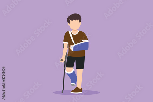 Cartoon flat style drawing of sad injured kids with broken arm and leg in gypsum. Full length of upset injured little boy standing on crutches in medical hospital. Graphic design vector illustration