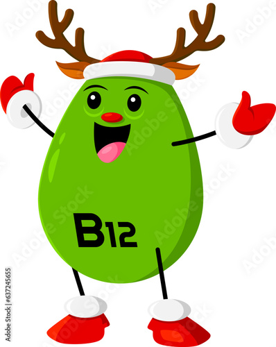 Cartoon christmas vitamin b12 character dressed as a Xmas reindeer, spreading festive cheer with a jolly smile, red nose and antlers. Isolated vector green Cobalamin capsule personage with deer horns