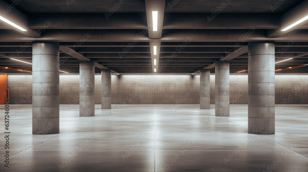 Modern underground parking. Indoor modern parking interior.
