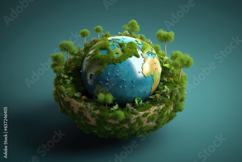 Globe on ferns in green grass forest Environment save the World earth day